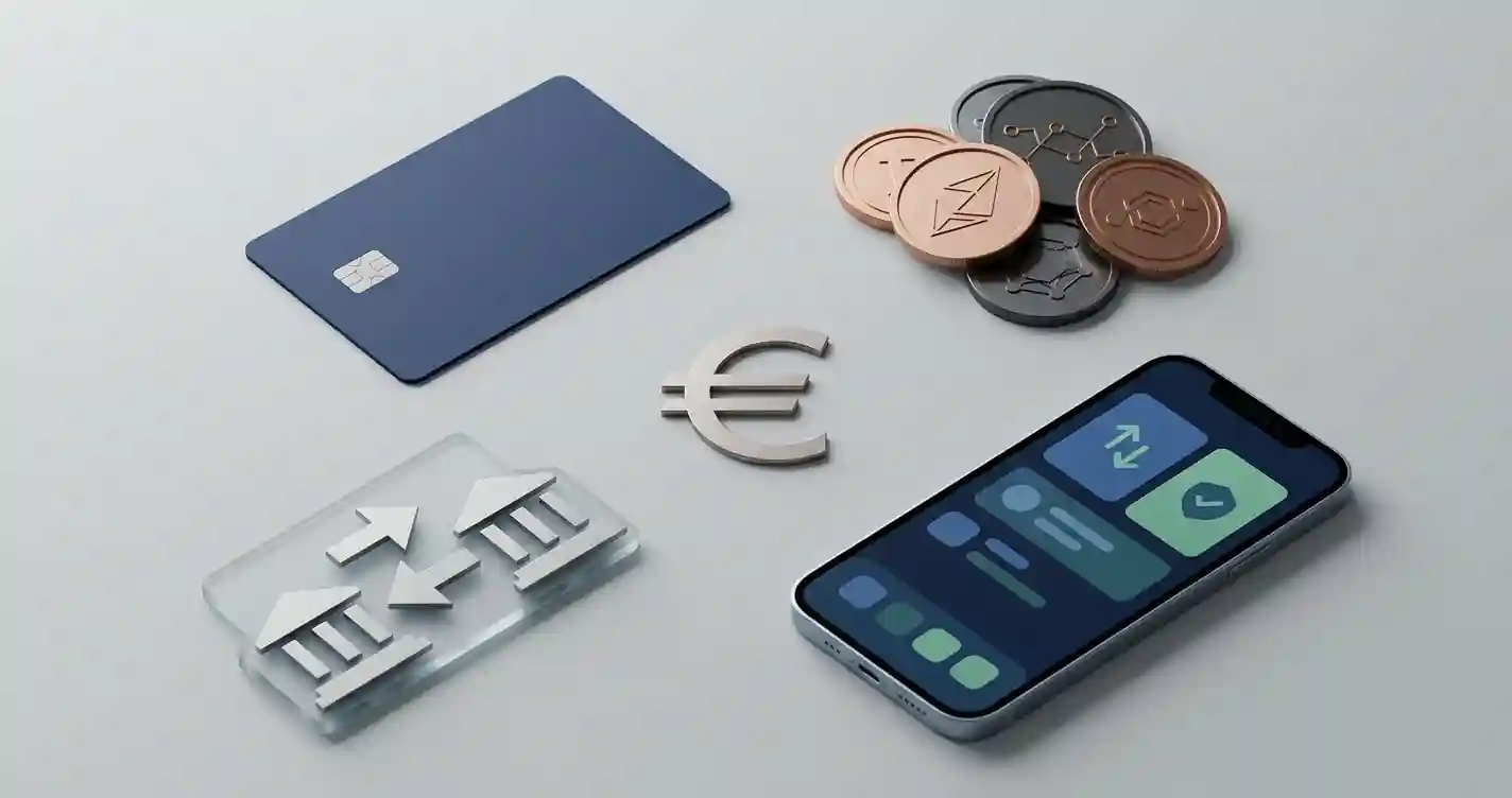 Illustratie van eurobetalingen met kaart, bankoverschrijving en crypto