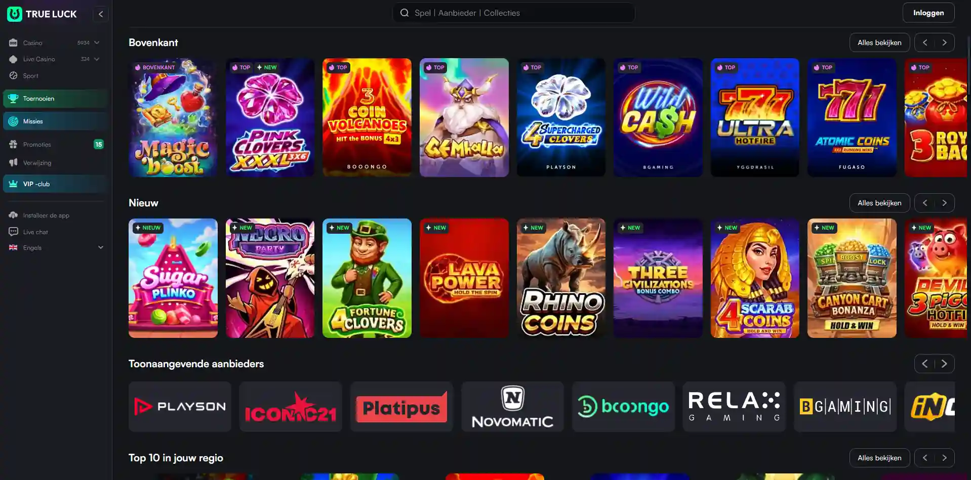Beeldopname van de Trueluck game lobby met zichtbare spelcategorieën