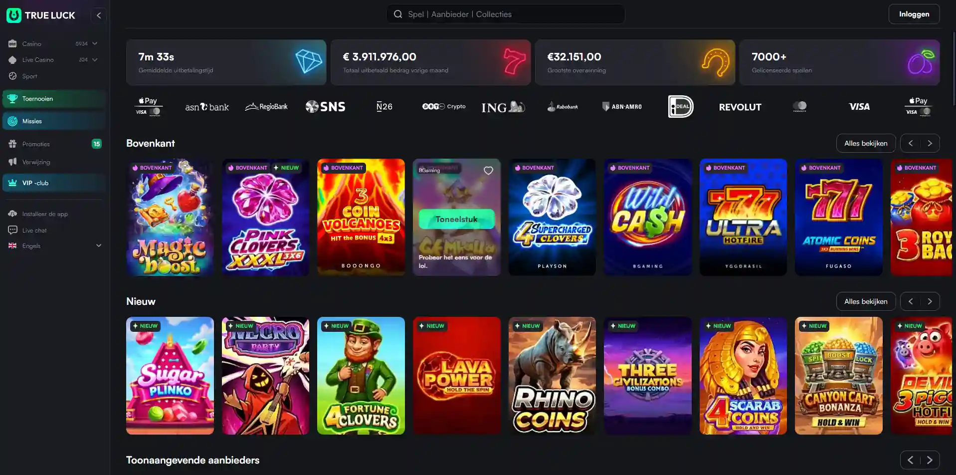 Beeldopname van de officiële Trueluck Casino homepage en merkinterface